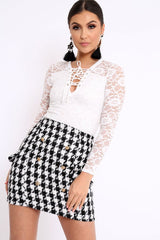 White Lace Bodysuit with Lace Up Front - Khiana