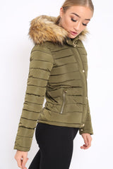 Khaki Padded Coat with Fur Trim Hood - Helena