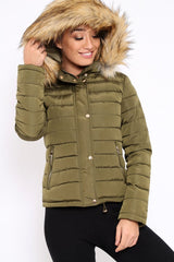 Khaki Padded Coat with Fur Trim Hood - Helena