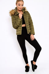Khaki Padded Coat with Fur Trim Hood - Helena