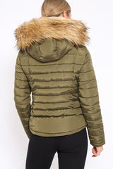 Khaki Padded Coat with Fur Trim Hood - Helena