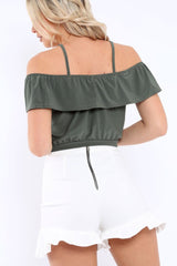 Khaki Cold Shoulder Crop Top - Clora