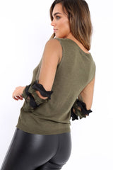 Khaki V Neck Jumper with Mesh Ruffled Sleeves - Amirah