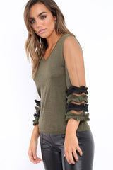 Khaki V Neck Jumper with Mesh Ruffled Sleeves - Amirah