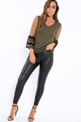 Khaki V Neck Jumper with Mesh Ruffled Sleeves - Amirah