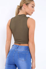 Khaki Ribbed High Neck Crop Top - Kamira