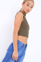 Khaki Ribbed High Neck Crop Top - Kamira