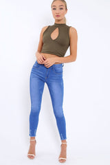Khaki Ribbed High Neck Crop Top - Kamira