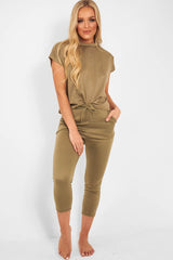 Khaki Short Sleeve Crop Jogger Loungewear Set - Aarian