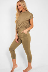 Khaki Short Sleeve Crop Jogger Loungewear Set - Aarian