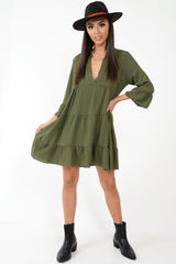 Khaki Tiered Ruffle Shift Dress - Abri