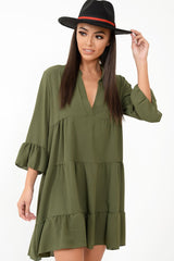 Khaki Tiered Ruffle Shift Dress - Abri