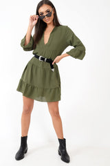 Khaki Tiered Ruffle Shift Dress - Abri