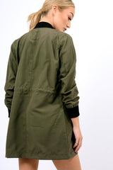 Khaki Bomber Style Long Jacket - Brea