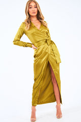 Olive Satin Plunge Wrap Front Maxi Dress - Beni