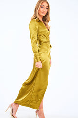 Olive Satin Plunge Wrap Front Maxi Dress - Beni
