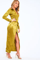 Olive Satin Plunge Wrap Front Maxi Dress - Beni
