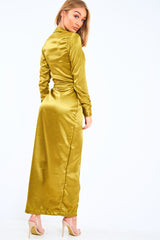 Olive Satin Plunge Wrap Front Maxi Dress - Beni