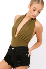 Khaki plunge Halterneck Bodysuit - Lona