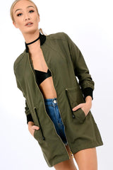 Khaki Bomber Style Long Jacket - Brea