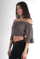 Brit Khaki Off The Shoulder Crop