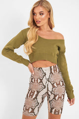 Khaki Crop V Neck Knit Jumper - Rozella