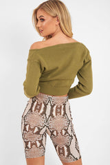 Khaki Crop V Neck Knit Jumper - Rozella