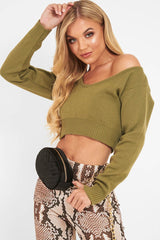 Khaki Crop V Neck Knit Jumper - Rozella