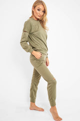 Khaki Ripped Knee Cut Out Loungewear Set - Demmi