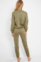 Khaki Ripped Knee Cut Out Loungewear Set - Demmi