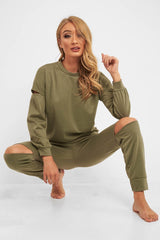 Khaki Ripped Knee Cut Out Loungewear Set - Demmi