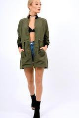 Khaki Bomber Style Long Jacket - Brea