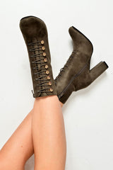 Green Faux Suede Button Detail Ankle Boots - Hadlyn