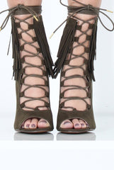 Khaki Tassel Lace Up Heels - Zoe