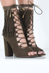 Khaki Tassel Lace Up Heels - Zoe