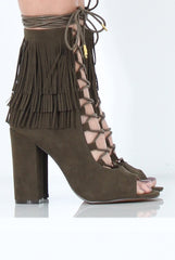 Khaki Tassel Lace Up Heels - Zoe