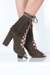 Khaki Tassel Lace Up Heels - Zoe