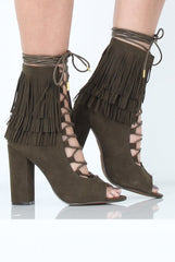 Khaki Tassel Lace Up Heels - Zoe