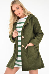 Khaki Borg Button Front Hooded Coat - Idaliz