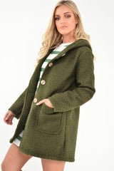 Khaki Borg Button Front Hooded Coat - Idaliz