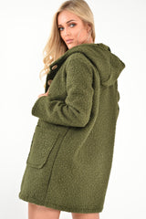 Khaki Borg Button Front Hooded Coat - Idaliz