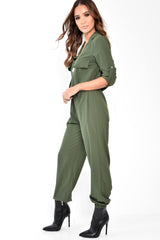 Khaki Woven Button Down Boiler Jumpsuit - Janise