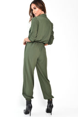 Khaki Woven Button Down Boiler Jumpsuit - Janise
