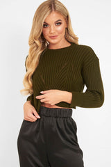 Khaki Knit Detail Crop Jumper - Kiana
