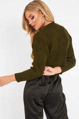 Khaki Knit Detail Crop Jumper - Kiana