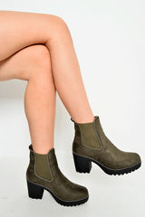 Khaki Faux Suede Stud Trim Chunky Chelsea Boots - Leana