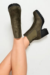 Khaki Faux Suede Stud Trim Chunky Chelsea Boots - Leana