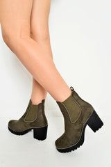 Khaki Faux Suede Stud Trim Chunky Chelsea Boots - Leana