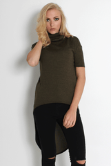 Erin Khaki High Neck Dropped Hem Top