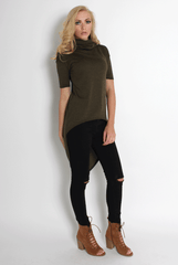 Erin Khaki High Neck Dropped Hem Top